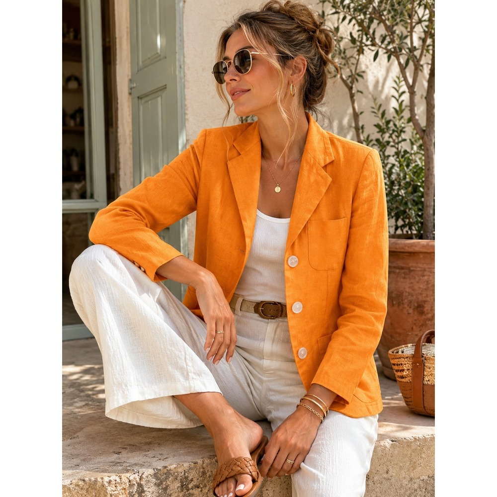 Lauren Ralph Lauren 100% Linen 3-Button Orange Blazer Jacket Women's Size 4 - Picture 12 of 13